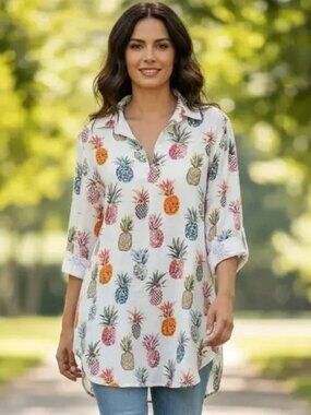 Sigrid Olsen Shirt Womens Pineapple Print Linen V Neck‎ Pockets Tunic Medium